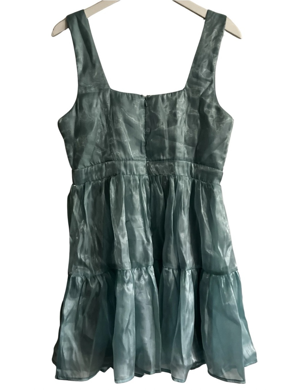 Lulus Thriving Darling Tiered Mini Dress Mermaidcore‎ Sleeveless Shiny Teal L - Picture 9 of 9